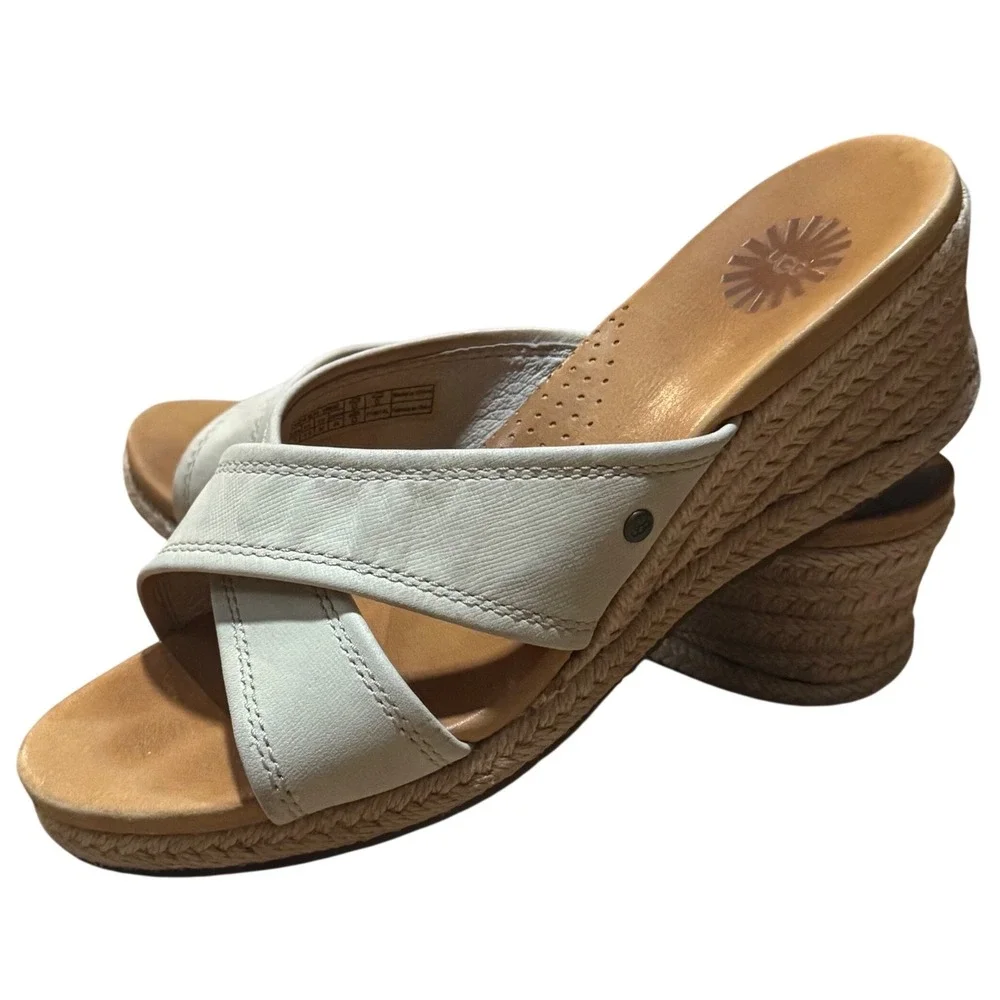 UGG Gwyn Beige Leather Espadrille Wedge Slide Sandals Women's Size 7